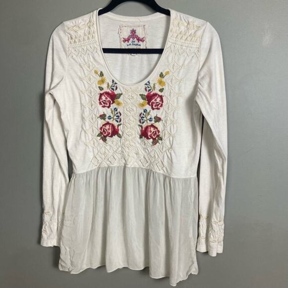 Johnny Was top small long sleeve peplum cottagecore rose embroidery stretch